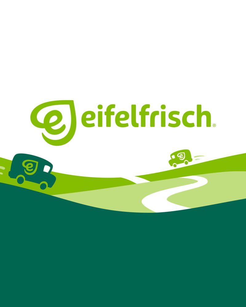 eifelfrisch Logo über grüner Illustration zum Lieferservice mit Lieferwagen, die über Hügel durch die Eifel fahren