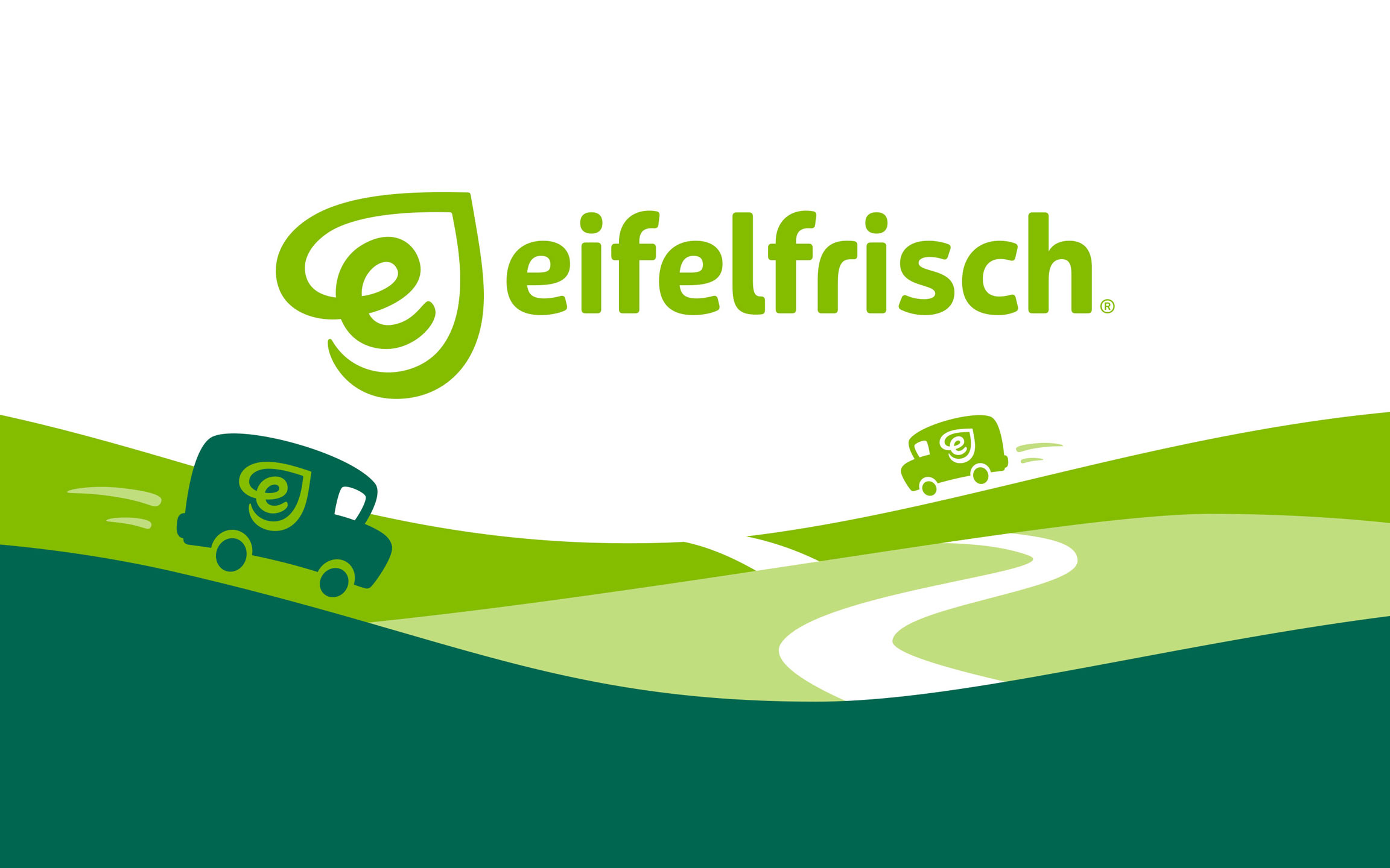 eifelfrisch Logo über grüner Illustration zum Lieferservice mit Lieferwagen, die über Hügel durch die Eifel fahren